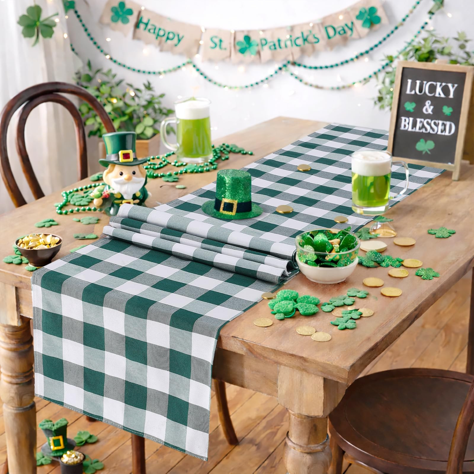 Green Plaid Table Runner 2 Packs 13 x 84 inch Buffalo Check Table Runner St. Patrick's Day Cotton... | Amazon (US)