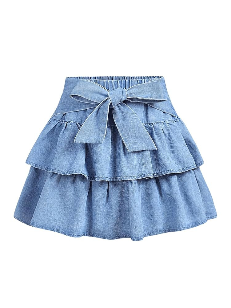 MakeMeChic Girl's Bow Denim Skirt Ruffle Tiered Elastic Waist A Line Cute Mini Skirts | Amazon (US)