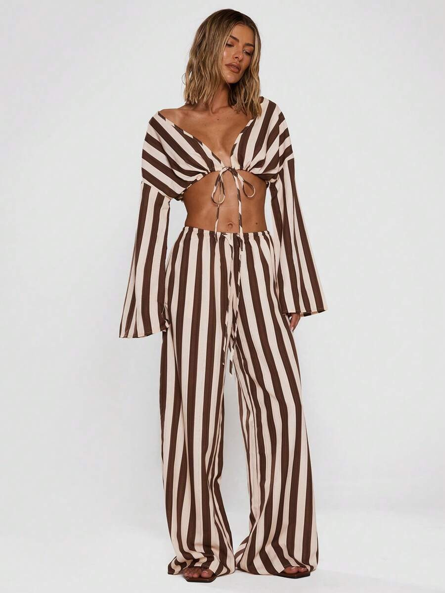 MUSERA Women Pants Wide Leg Stripe Linen Look Trouser Holiday, Linen Pant, Summer, Beach Vacation | SHEIN