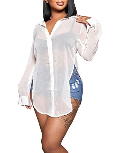 Womens Sheer Button Up Blouse Sexy Long Sleeve Mesh See Through Shirts Tops White M | Amazon (US)