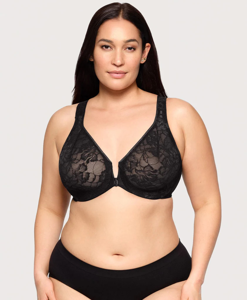 Front-Closure Lacey T-Back WonderWire Bra Solid Black | Glamorise Foundations