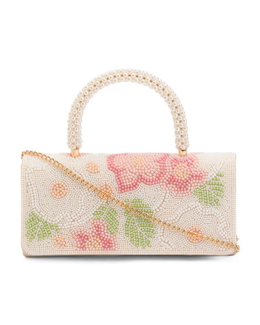 Beaded Floral Handbag With Faux Pearl Embellished Handle | TJ Maxx