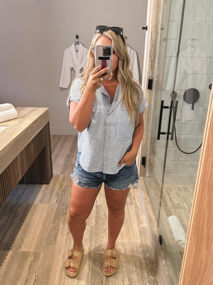Button down and denim shorts

