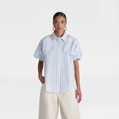 KBB by KAHLANA Women’s Long Sleeve ‘The Convertible Sleeve Button Down’ - White/Blue | Target