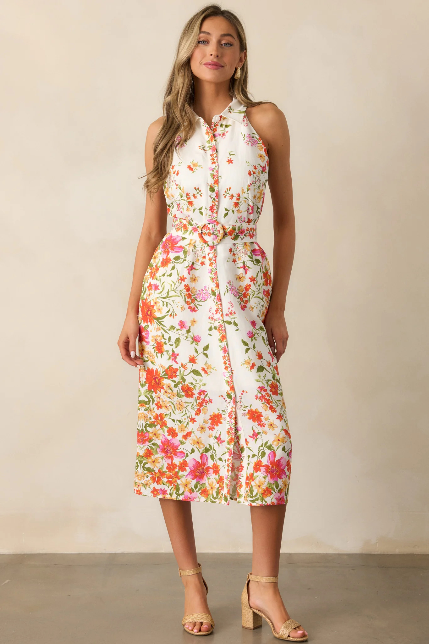 Garden Girl Ivory Floral Button Front Midi Dress | Red Dress