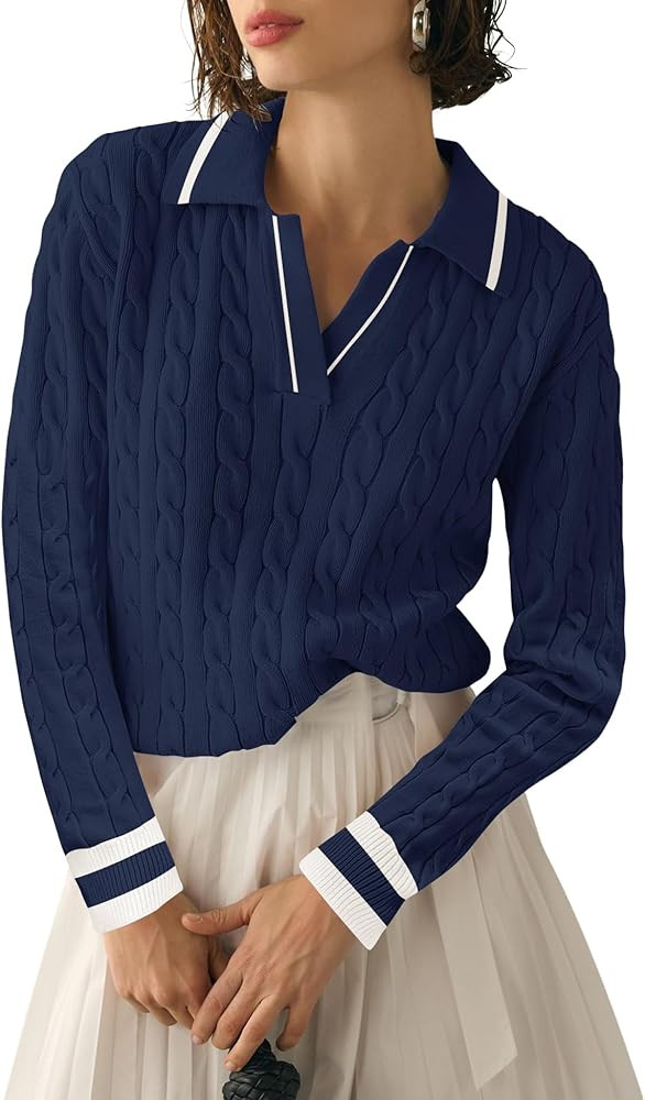 Micoson Womens Fall Long Sleeve Sweaters Lapel V Neck Cable Knitted Pullover Casual Soft Jumper T... | Amazon (US)