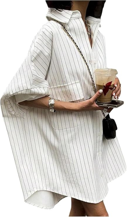 GORGLITTER Women's Button Down Shirt Dresses Striped Oversized Long Sleeve Collared Tunics High L... | Amazon (US)