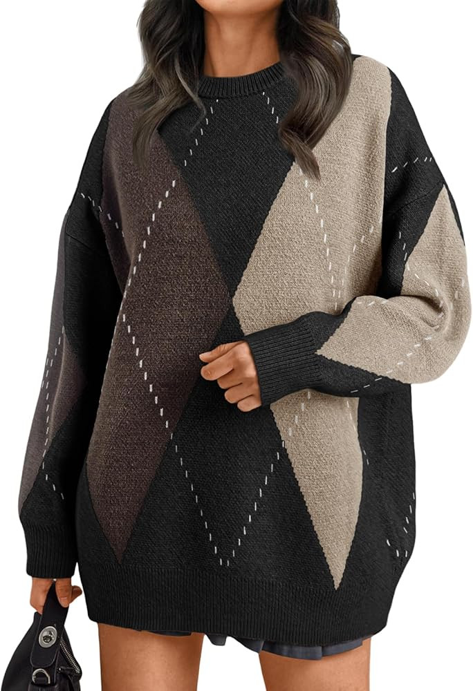 Trendy Queen Women's Color Block Argyle Plaid Oversized Chunky Knit Crewneck Sweaters 2024 | Amazon (US)