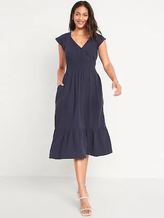 Waist-Defined Flutter-Sleeve Smocked Midi Dress for Women | Old Navy (US)
