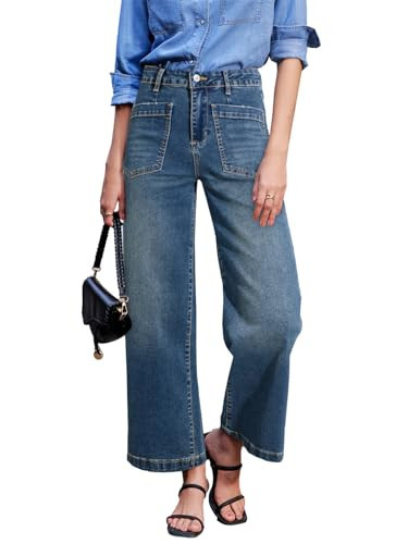 Sidefeel Women's Wide Leg Jeans High Waisted Straight Leg Stretchy Jeans Trendy Loose Ankle Denim Pants Vintage Blue Size 2 | Amazon (US)