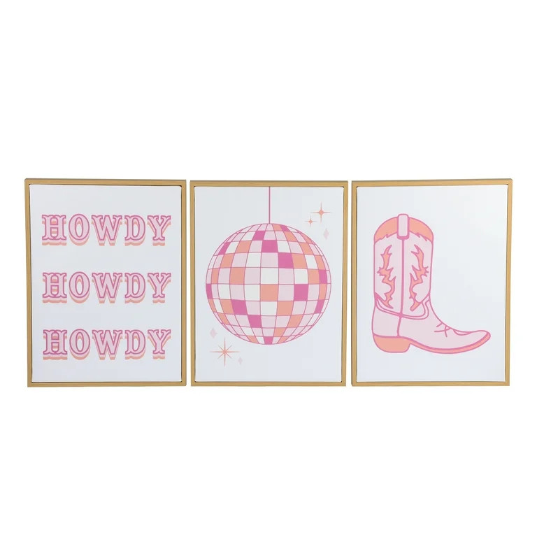 Mainstays 3 Pc Set Pink Western Theme Wall Art, Howdy, Boot, and Disco Globe | Walmart (US)