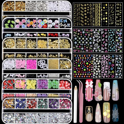 Teenitor Nail Charms and Gems Nail Art Tools, 6 Boxes 3D Nail Gems with 15 Sheets Nail Stickers for Nail Art, Flower Nail Stickers Nail Rhinestones Nail Supplies, Nail Pearls Nail Stuff Nail Decor | Amazon (US)