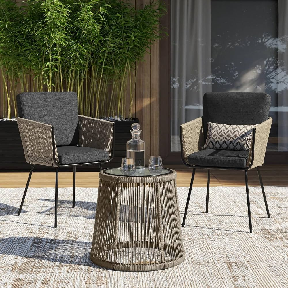 Barton 3 Pieces Wicker Chair Set w/Glass Table Gray Outdoor Patio Furniture Wicker Rattan Modern ... | Amazon (US)