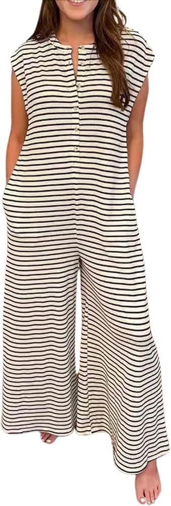 CHARTOU Women's Summer Loose Stripes Overalls Cap Sleeve One Piece Jumpsuit Buttons Wide Leg Pant... | Amazon (US)