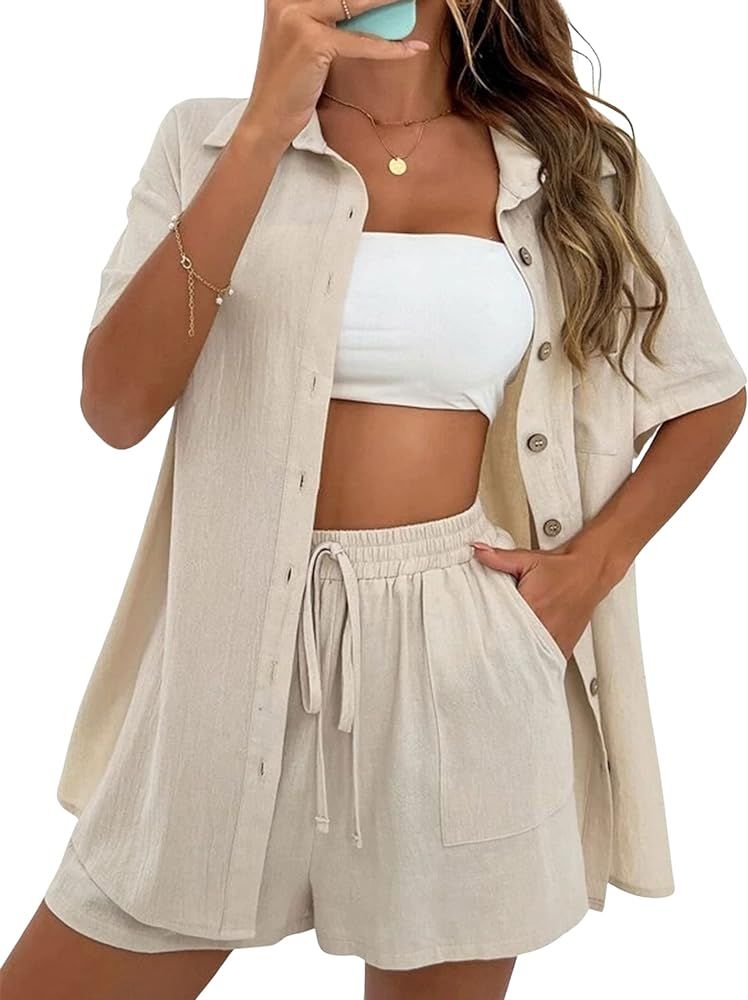 SeekMe Linen Short Sets for Women Short Sleeve Top Shorts 2 Piece Summer Beach Vacation Outfits Loun | Amazon (US)