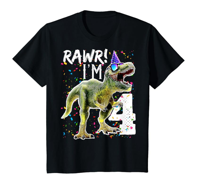 Kids Rawr I'm 4 4th Birthday T Rex Dinosaur Party Gift for Boys T-Shirt | Amazon (US)