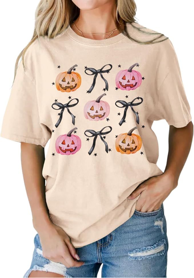 IZYJOY Halloween Shirts for Women Funny Pumpkin Face T-Shirt Coquette Bow Graphic Tee Spooky Seas... | Amazon (US)