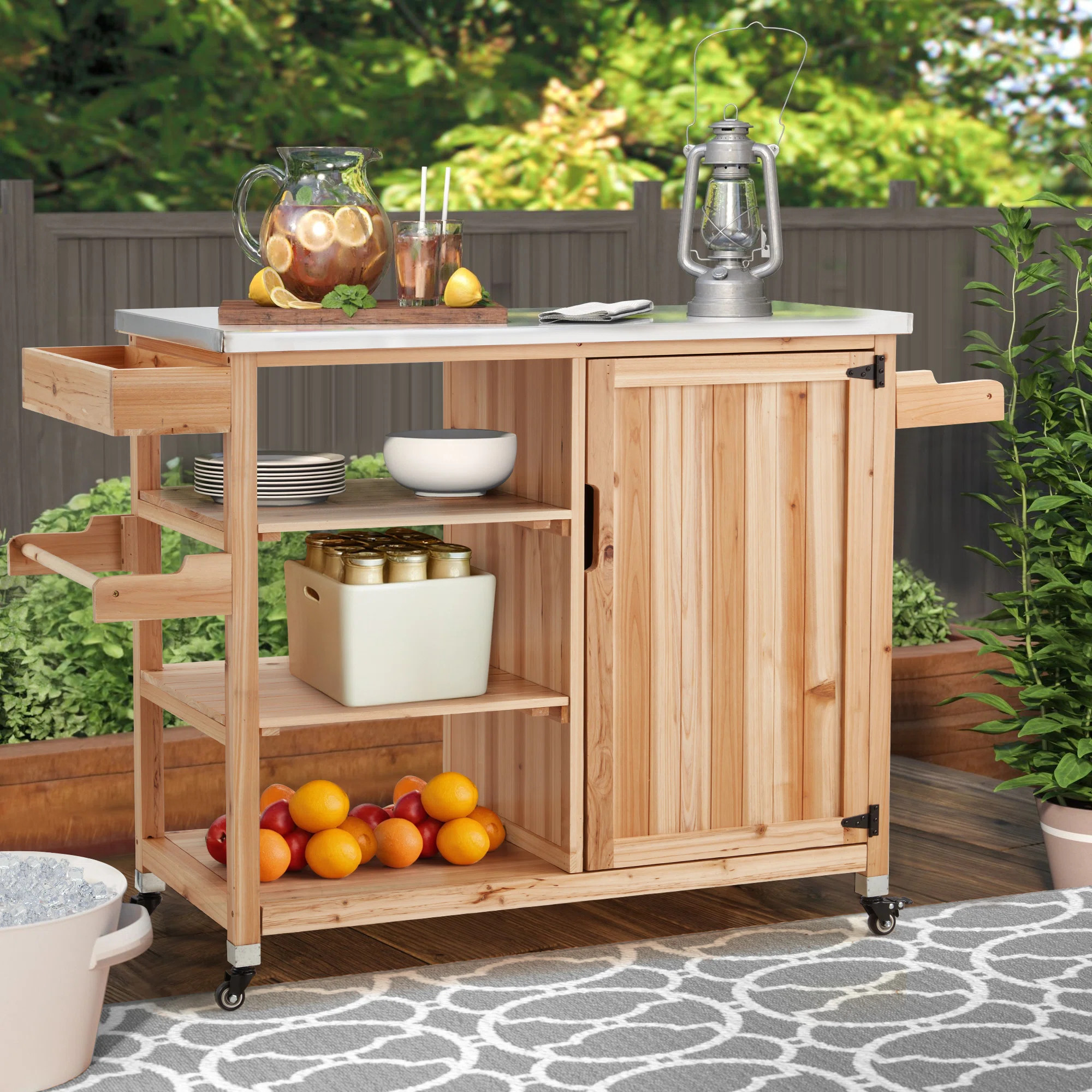 Outdoor Kitchen Island - Versatile Solid Wood Movable Patio Table With Stainless Steel Top, Spice... | Wayfair North America