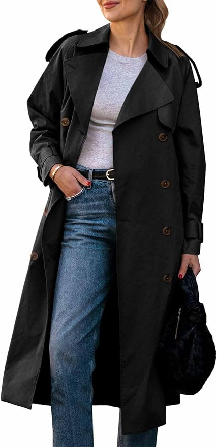 Cicy Bell Womens Long Trench Coat Double Breasted Classic Lapel Fall Overcoat with Belt | Amazon (US)