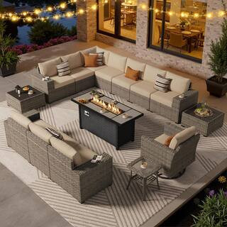 Solara 15 Pieces Wicker Outdoor Patio Fire Pit Conversation Sectional Sofa Set and with Beige Cushions | The Home Depot