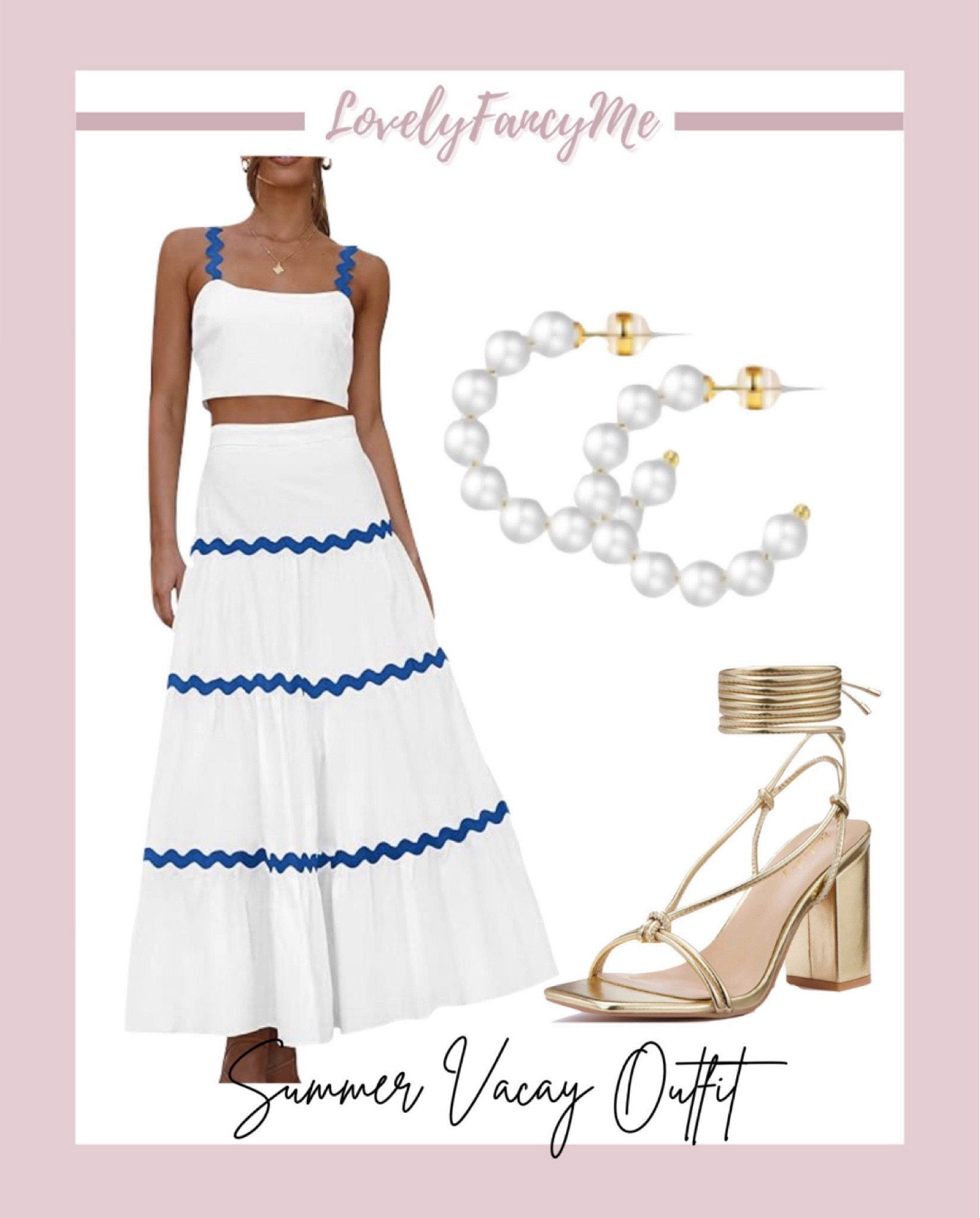 Summer Vacay Outfit Idea: pearl hoop earrings, strappy lace-up gold block heels, matching set top and maxi skirt. Xoxo, Lauren 

Summer outfit | sandals | white dress set | travel outfit | summer vacation outfit | graduation outfit  #ltktravel #ltkshoecrush #ltkfindsunder100

#LTKStyleTip #LTKWedding