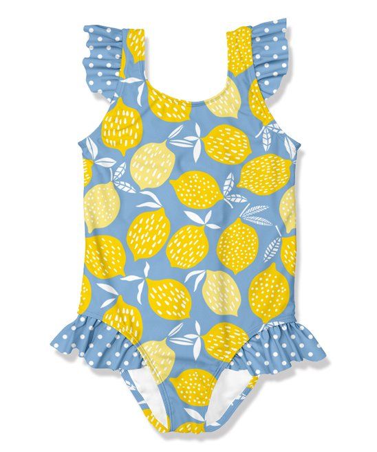 Sky Blue & Yellow Lemon Ruffle-Accent One-Piece - Infant, Toddler & Girls | Zulily