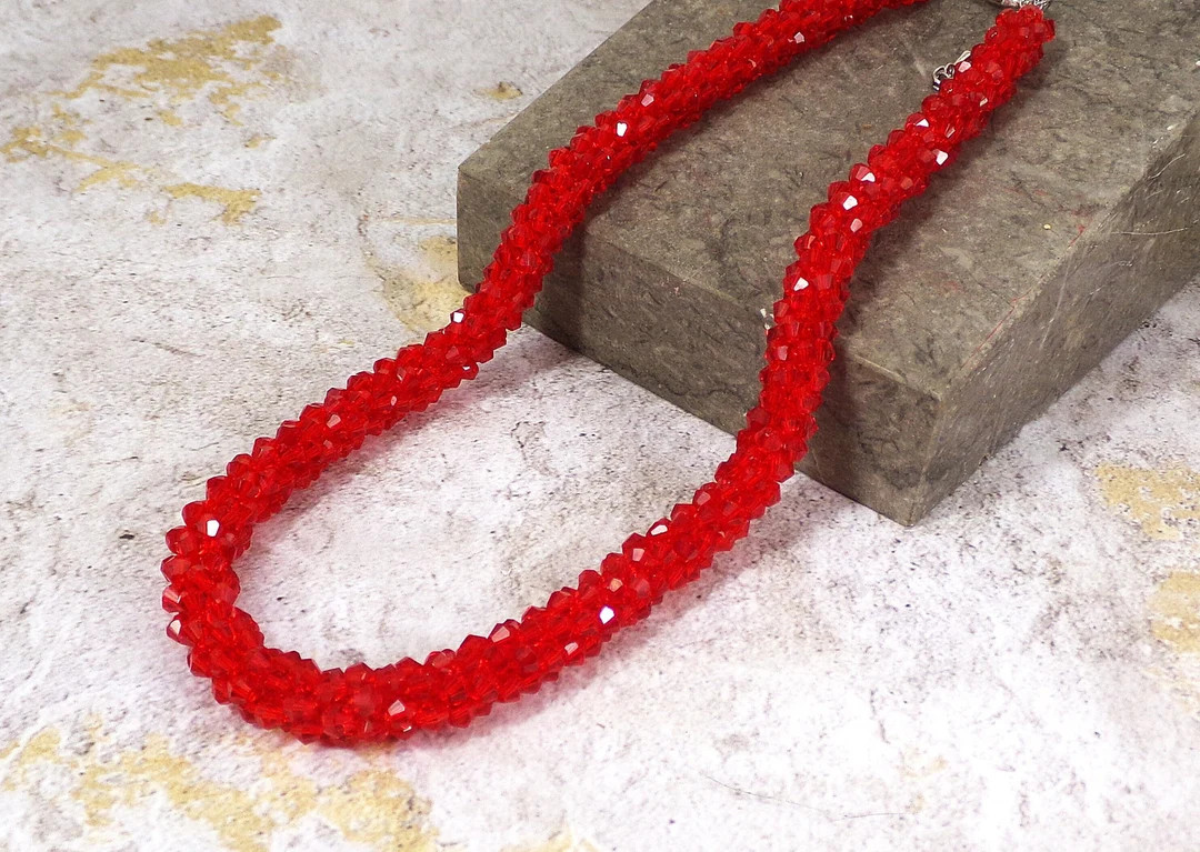 Red all glass beaded necklace made in a thick cluster beaded rope design with all sparkling glass... | Etsy (US)
