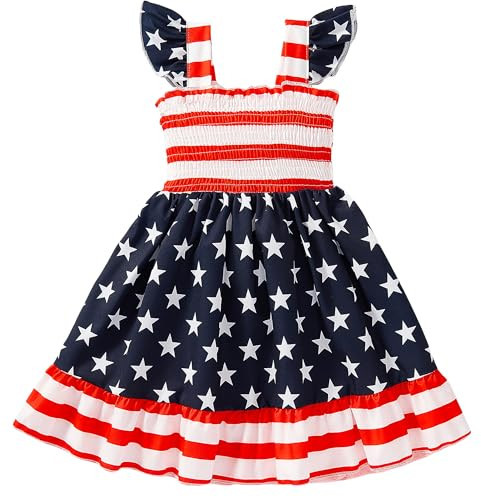 Girls 4th of July Dresses Flutter Sleeve Square Neck Summer Independence Day Fourth of July Star Midi Sundress Toddler USA Memorial Day Outfit Kids American Flag Dress 4-5 Years | Amazon (US)