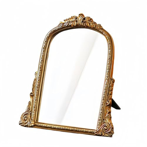 HSDDHOME Vintage Gold Vanity Makeup Desk Mirror - Antique Chic Arch Table Mirror with Carved Resin Frame, Small Standing Arendahl Mirror for Living Room, Bedroom, Tabletop (13.2" x 12.8") | Amazon (US)