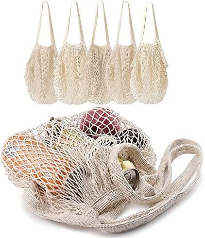 5 pack Cotton String Shopping Bags Reusable Washable Grocery Mesh Bags Organizer for Grocery Shoppin | Amazon (US)