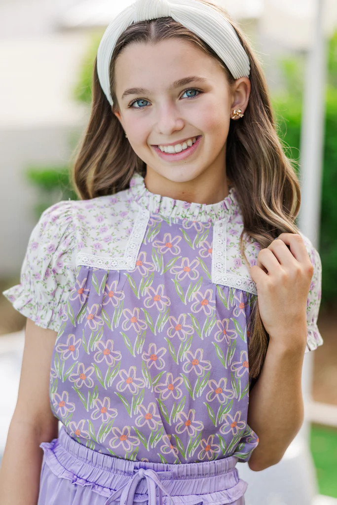 Girls: The Clara Lavender Mixed Print Short Sleeve Blouse | The Mint Julep Boutique