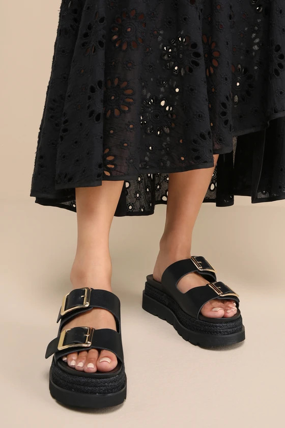Mythical Black Buckle Raffia Flatform Slide Sandals | Lulus