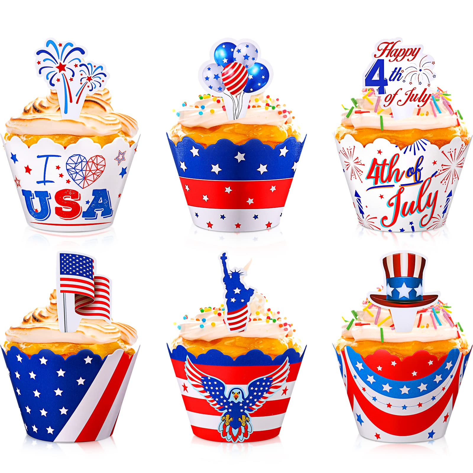 96 Pieces 4th of July Cupcake Topper Wrappers Independence Day Cupcake Liners Fourth of July Patr... | Amazon (US)