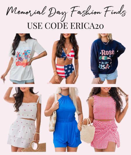 Memorial Day fashion finds - use code ERICA20 for 20% off! 

Country concert outfit // patriotic graphic t shirt // American flag swimsuit // USA bikini // USA sweatshirt // Americana graphic sweatshirt // smocked skirt // matching skirt and top // gingham outfit // halter neck romper // red white and blue fashion 

#LTKSeasonal #LTKSwim #LTKFindsUnder100