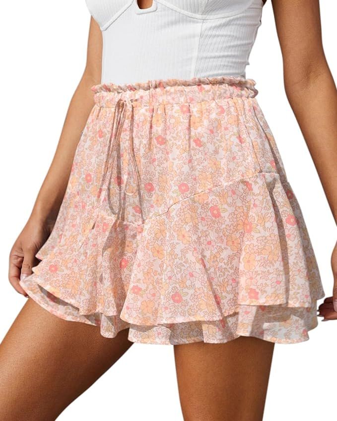 Aoudery Flowy Shorts for Women Casual Boho Floral Skorts Ruffle Mini Skirts Running Tennis Butter... | Amazon (US)