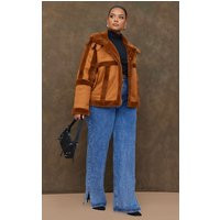 Plus Brown Faux Suede Fur Trim Aviator | PrettyLittleThing US