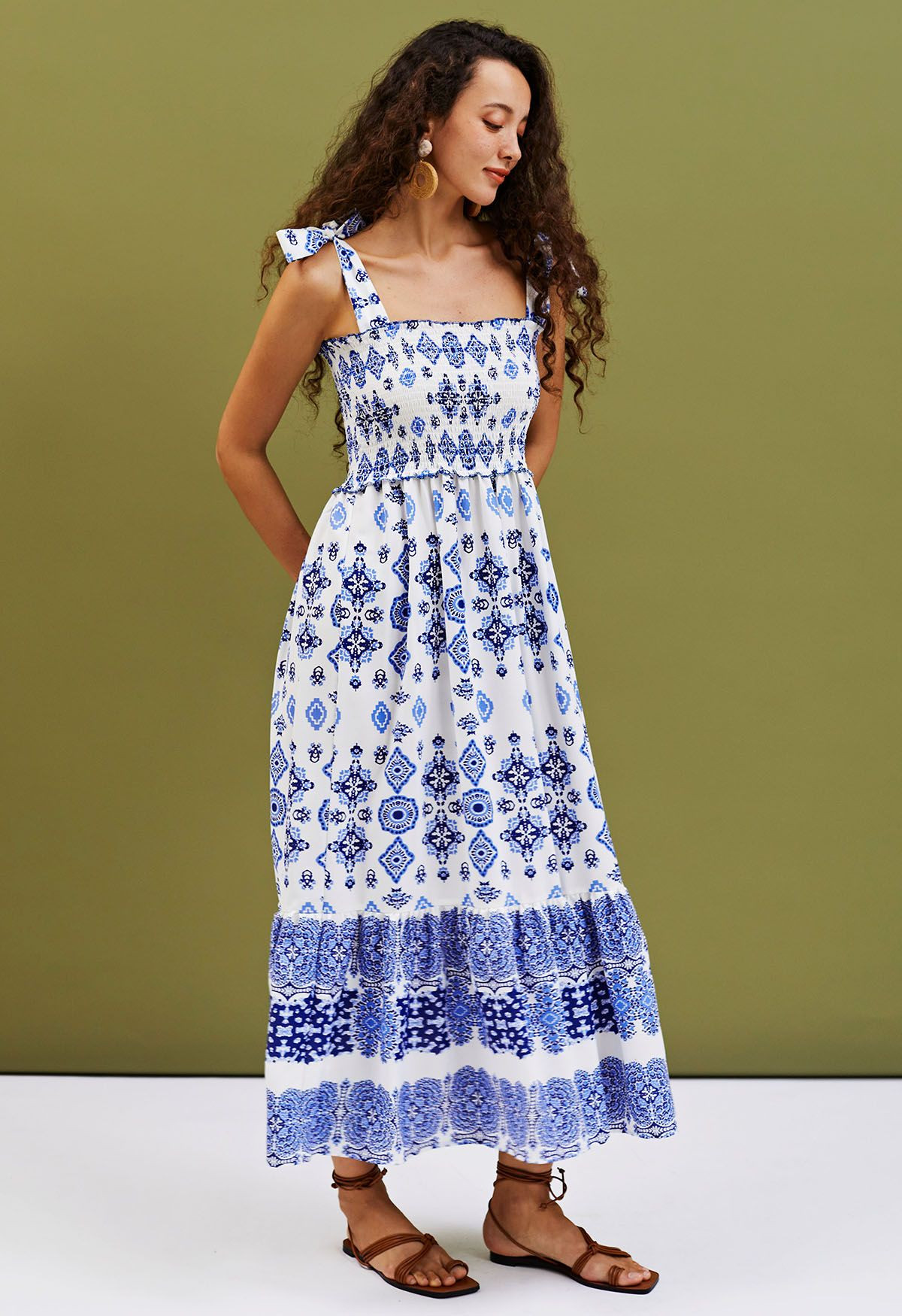 Blue Tiles Printed Tie-Strap Maxi Dress | Chicwish