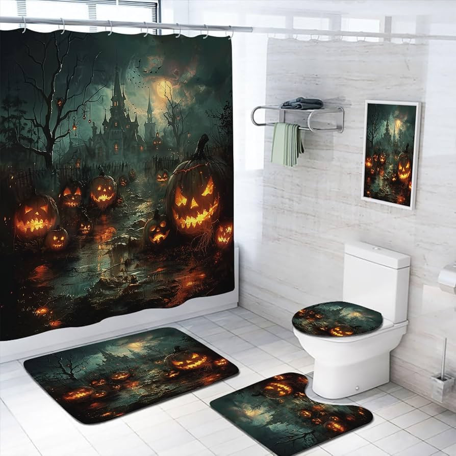 4 Pcs Halloween Shower Curtain Set with Non-Slip Rugs, Toilet Lid Cover and Bath Mat Gothic Scary... | Amazon (US)