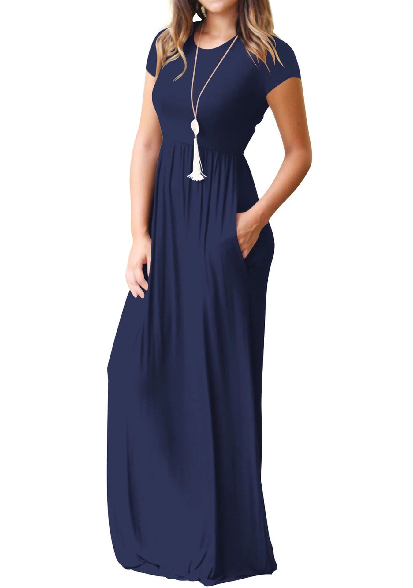 Mengpipi Women's Maxi Dresses Short Sleeve Long Casual Dresses Loose Plain with Pockets, Navy Blu... | Walmart (US)