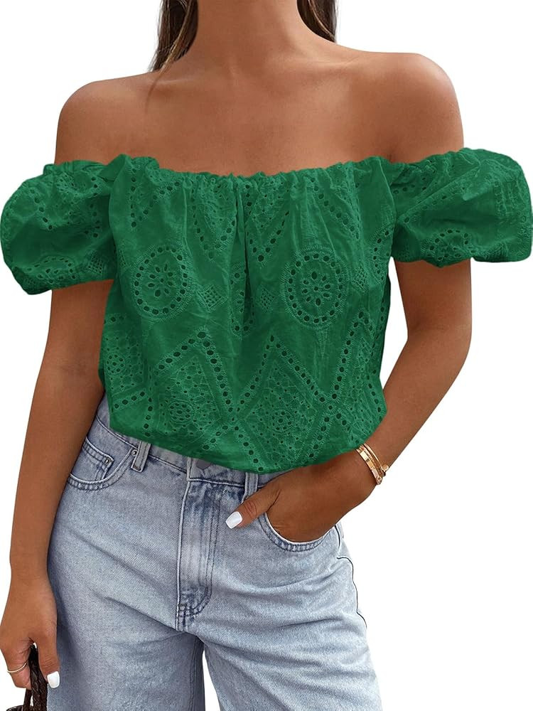 PRETTYGARDEN Women's Summer Off The Shoulder Tops 2026 Dressy Casual Puff Short Sleeve Embroidere... | Amazon (US)