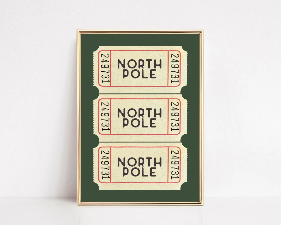 North Pole Ticket Print | Green Christmas Decor | Trendy Christmas Print | Christmas Wall Art | H... | Etsy (US)