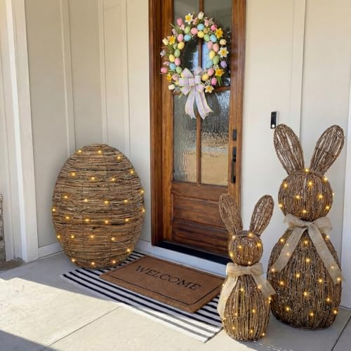 Estune 3 Pcs Rattan Woven Easter Bunny Decor with LED Light Strings, 28" 20" 19" Spring Rabbit Eggs Light up Easter Garden Decoration for Rustic Farmhouse Outdoor, Non-Connecting Structure Cable Ties | Amazon (US)