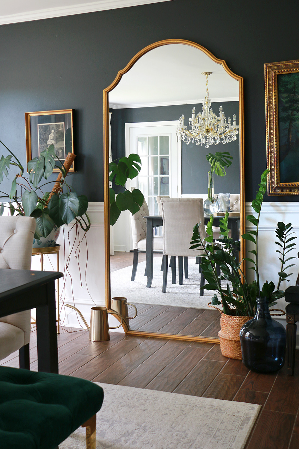 Beautiful dining room details | Oversized mirror | Crystal chandelier | Dining chairs 

 #LTKHome
