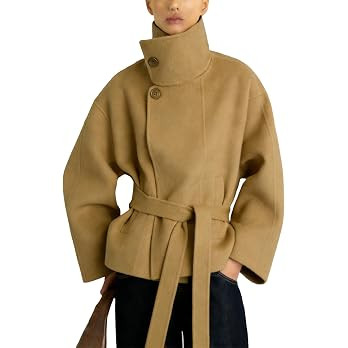 Women Cropped Pea Coat Wool Blend Stand Collar Fall Winter Warm Outfits Casual Elegant Belted Out... | Amazon (US)