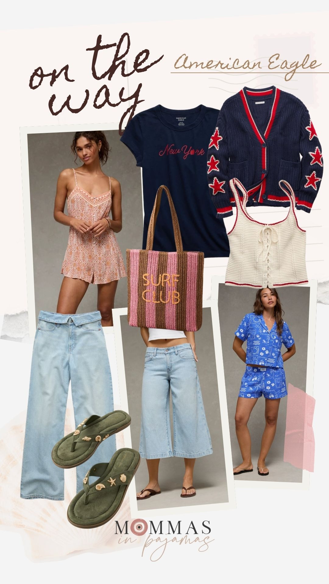 My most recent American Eagle order for summer outfits. Patriotic finds for 4th of July including this oversized stars cardigan, New York top, and crocheted tank. The flowy romper and matching coastal PJ set were a must-have! And the price on these seashell green flip flops beats the more expensive brands! The raffia surf club beach bag and petite friendly jeans (including the trending culotte jean) round it out. Most on sale today. Summer mom outfits, red white and blue, mom style inspo! 

 #LTKSeasonal #LTKSaleAlert #LTKPetite