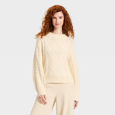Women's Cozy Alpine Cable Knit Crewneck Pullover Sweater - Universal Thread™ Cream XS | Target