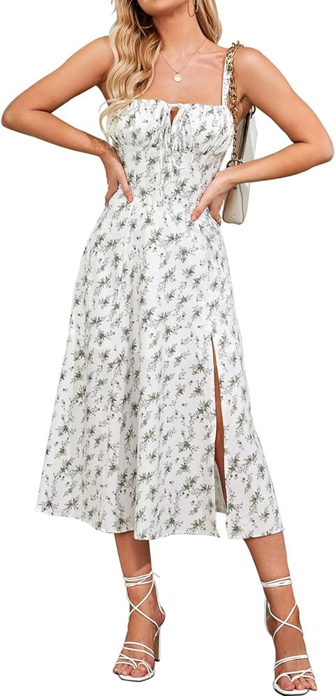 Floral Midi Corset Dress Boho Flowy Slit Lace Up Dresses for Women Going Out A Line Casual Sundre... | Amazon (US)