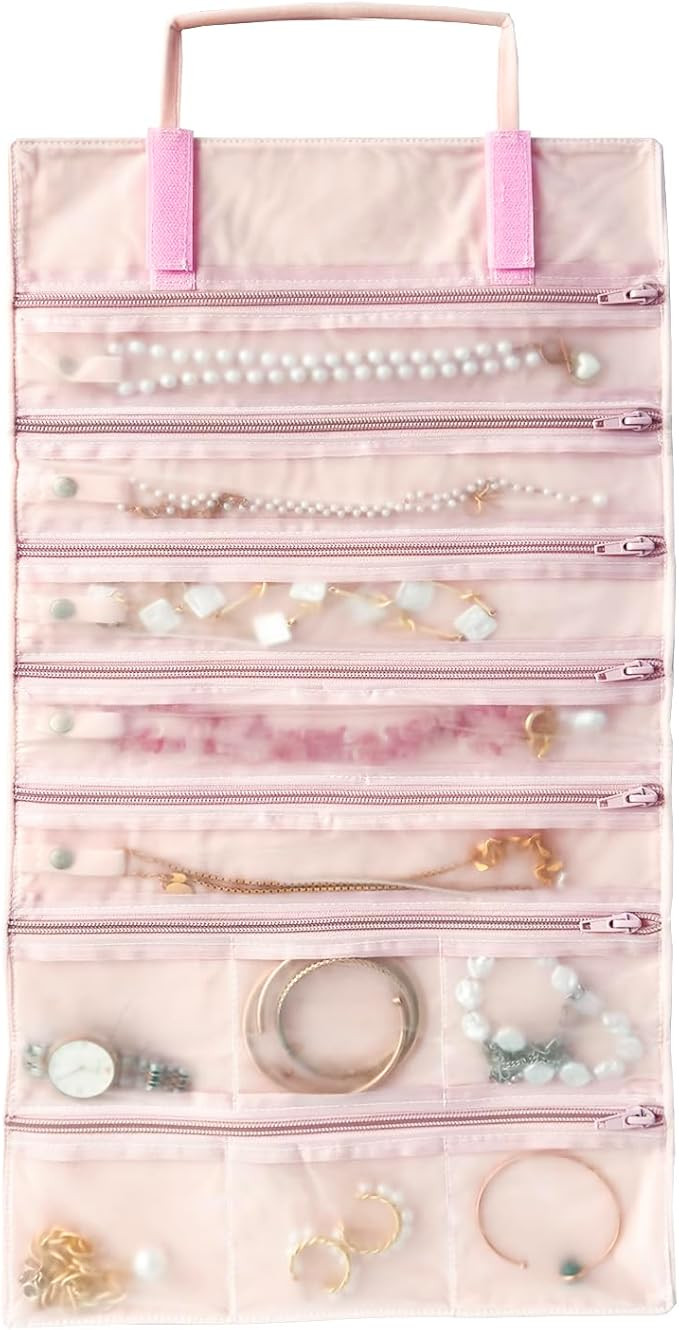 Velvet Travel Jewelry Case Roll Bag Organizer for Necklace Bracelet Earrings Ring, 11 Zipped Grid... | Amazon (US)