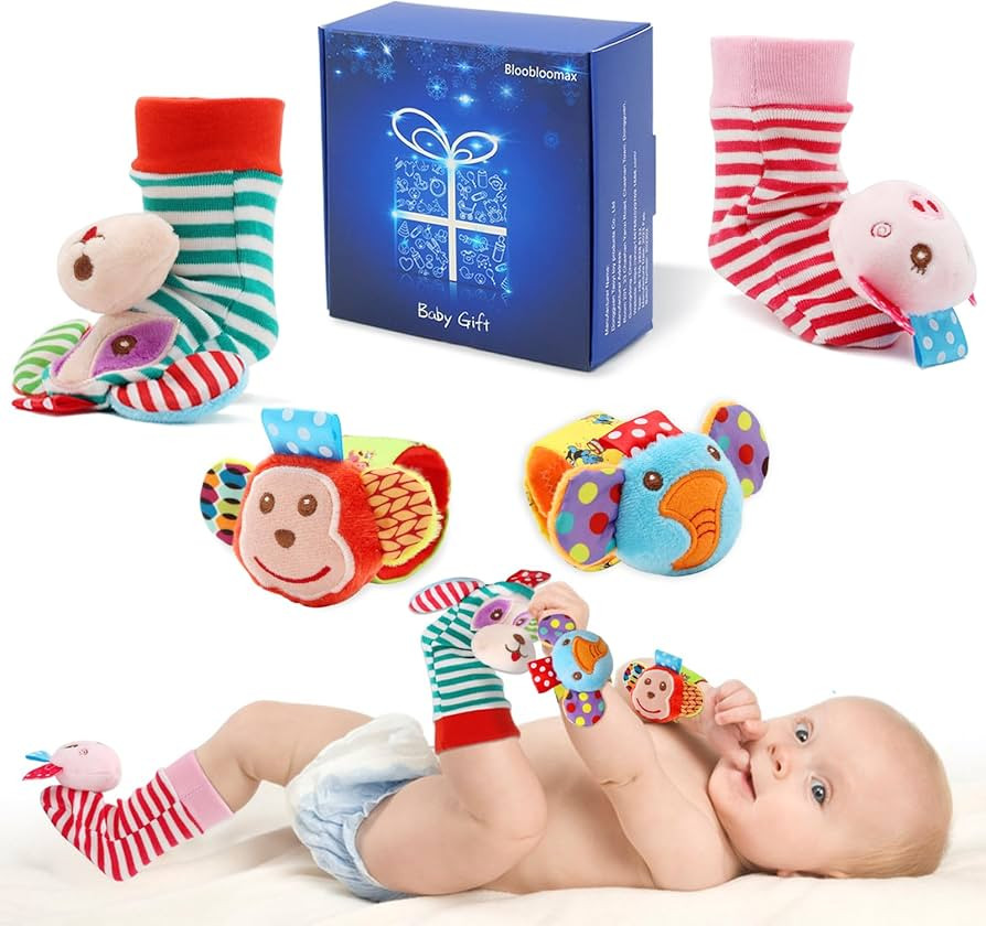 SSK Soft Baby Wrist Rattle Foot Finder Socks Set,Cotton and Plush Stuffed Infant Toys,Birthday Ho... | Amazon (US)
