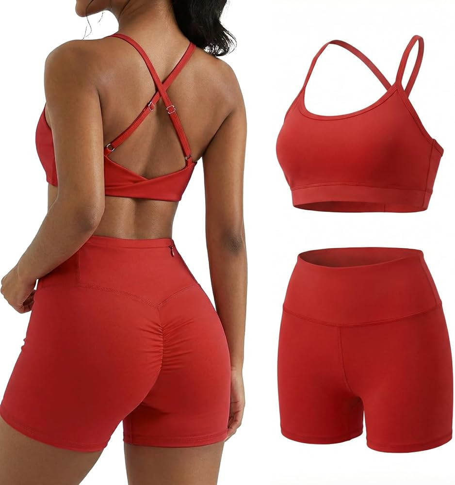 YOINS Workout Sets for Women 2 Piece Halter Sports Bra High Waisted Biker Shorts Gym Yoga Outfits | Amazon (US)